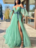 LTP1744,Off Shoulder V Neck Green Tulle Floral Long Prom Dresses with High Slit, Long Green Formal Graduation Evening HZ0307