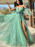 LTP1744,Off Shoulder V Neck Green Tulle Floral Long Prom Dresses with High Slit, Long Green Formal Graduation Evening HZ0307