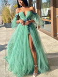 LTP1744,Off Shoulder V Neck Green Tulle Floral Long Prom Dresses with High Slit, Long Green Formal Graduation Evening HZ0307