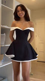 Off The Shoulder A-line Homecoming Dresses, Black White Short Prom HZ0307