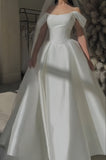 Off The Shoulder A-line White Wedding Dresses Satin Simple Bridal HZ0307