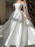 Off The Shoulder A-line White Wedding Dresses Satin Simple Bridal HZ0307