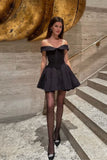 Off The Shoulder Black Homecoming Dress A-line Satin Mini Dress, HZ0307