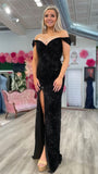 Off The Shoulder Black Sequin Prom Dress, HZ0307