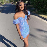 Off The Shoulder Blue Sequin Homecoming HZ0307
