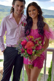 Off The Shoulder Fuchsia Feather Homecoming Dresses Applique Beaded Party Gown, HZ0307