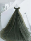 Off The Shoulder Green Tulle Ball Gown A-line Prom Evening HZ0307