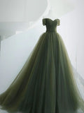 Off The Shoulder Green Tulle Ball Gown A-line Prom Evening HZ0307