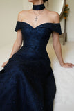 Off The Shoulder Lace Beaded Prom Dresses Navy Blue Evening Party HZ0307