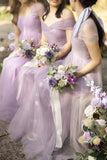 Off The Shoulder Lilac Tulle Party Dress, Pleated Long Bridesmaid HZ0307