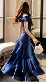 Off The Shoulder Navy Blue Prom Dresses Ruffle School Event Dress Women Formal HZ0307