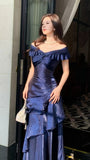 Off The Shoulder Navy Blue Prom Dresses Ruffle School Event Dress Women Formal HZ0307