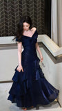 Off The Shoulder Navy Blue Prom Dresses Ruffle School Event Dress Women Formal HZ0307