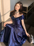 Off The Shoulder Navy Blue Prom Dresses Ruffle School Event Dress Women Formal HZ0307