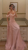 Off The Shoulder Pink Evening Prom Dresses Chiffon Pleated Party HZ0307