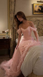 Off The Shoulder Pink Evening Prom Dresses Chiffon Pleated Party HZ0307
