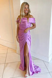Off The Shoulder Pleated Long Prom Dresses Pink Satin Evening Gown, HZ0307