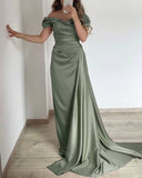 Off The Shoulder Pleated Satin Purple Long Prom HZ0307