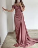 Off The Shoulder Pleated Satin Purple Long Prom HZ0307