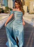 Off The Shoulder Pleated Satin Purple Long Prom HZ0307