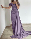 Off The Shoulder Pleated Satin Purple Long Prom HZ0307