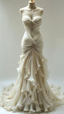 Off White Pleated Evening Prom Dress, Sweetheart Organza Wedding Dress, HZ0307