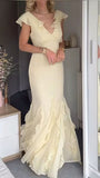 Off White V-Neck Chiffon Prom Dress Ruffle Evening Gown, HZ0307