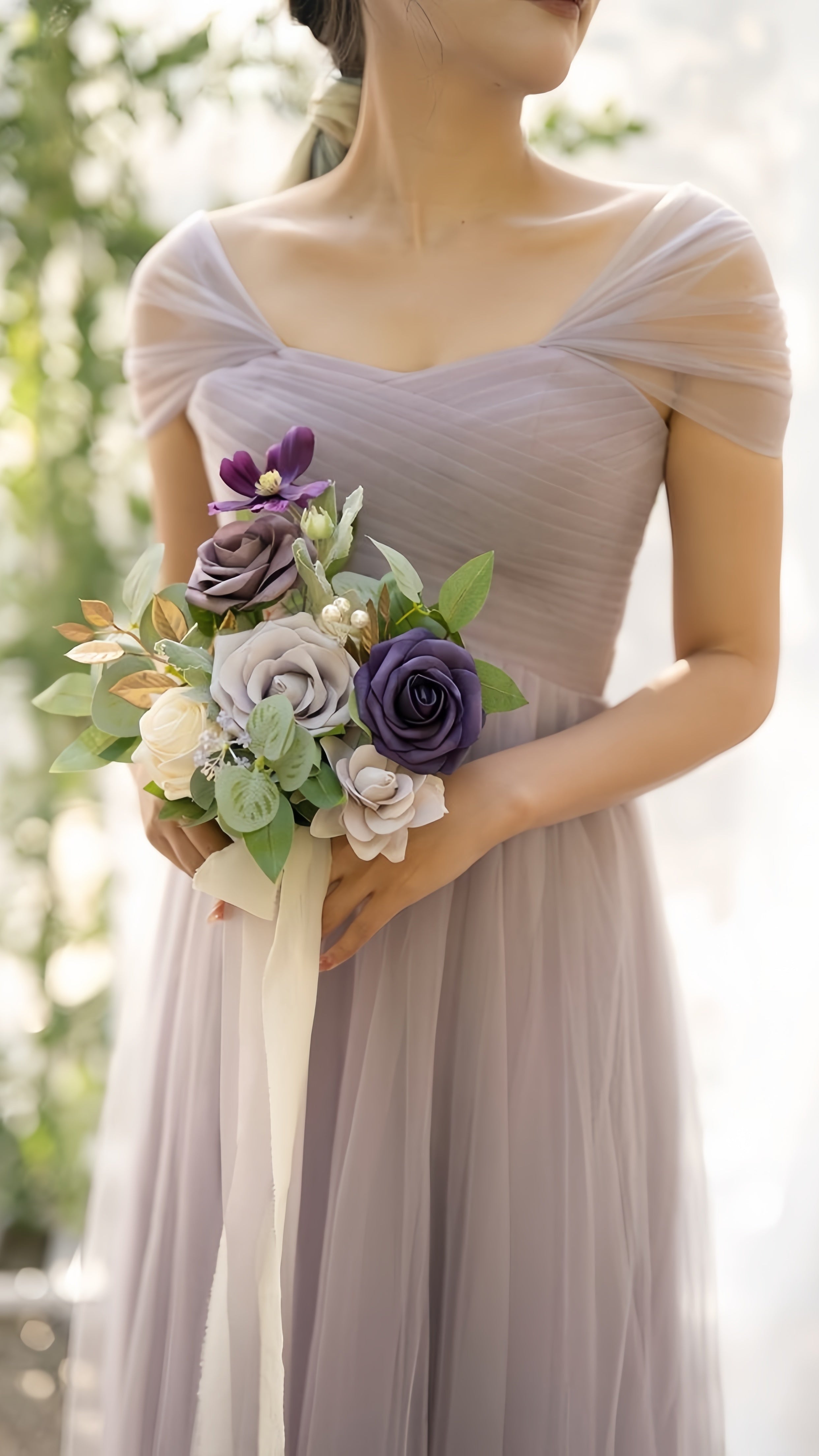Off The Shoulder Lilac Tulle Party Dress, Pleated Long Bridesmaid HZ0307