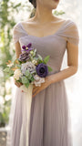 Off The Shoulder Lilac Tulle Party Dress, Pleated Long Bridesmaid HZ0307