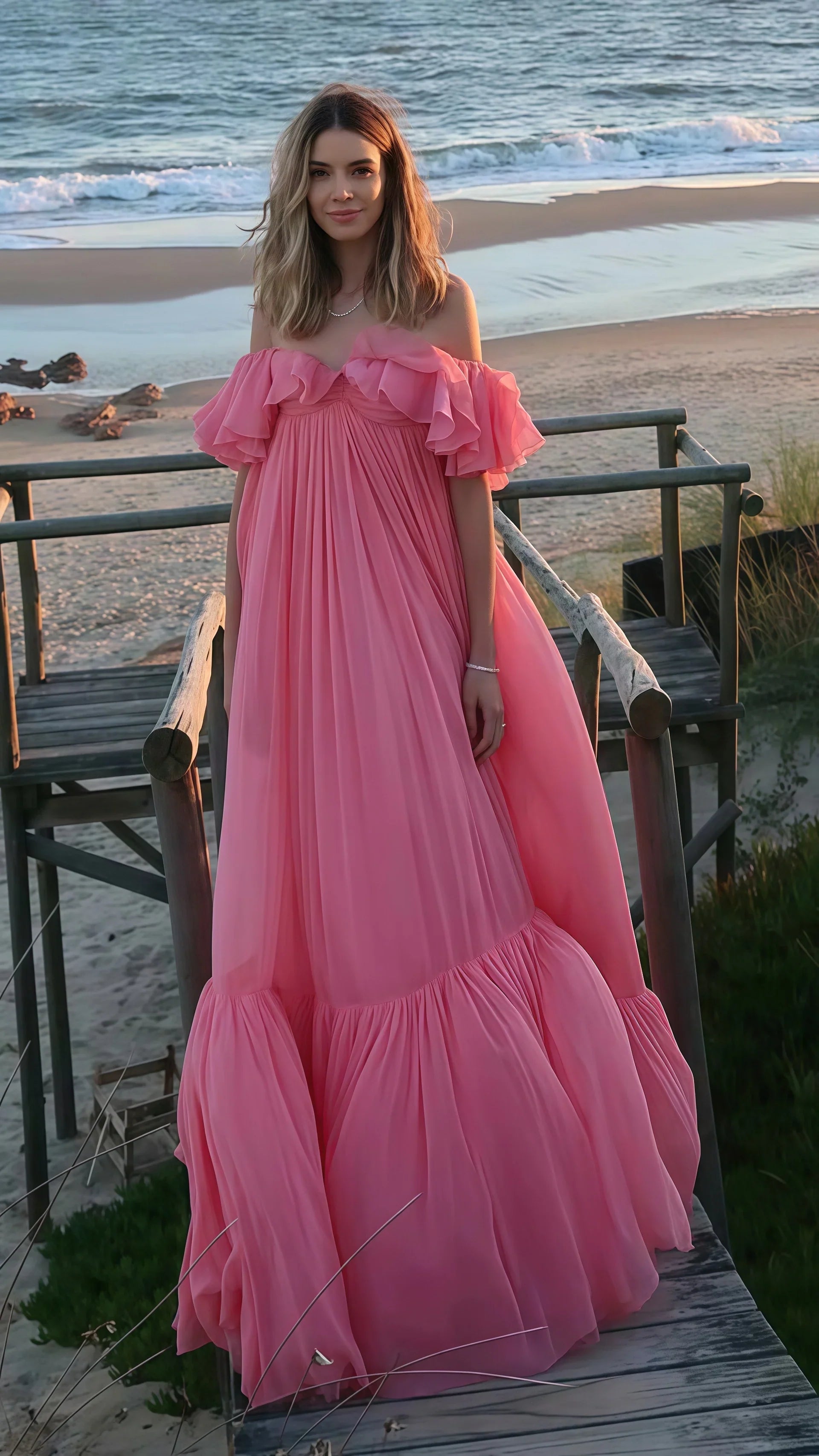 Off The Shoulder Pink Chiffon Party Dress, Puffy Senior Prom Dress, HZ0307