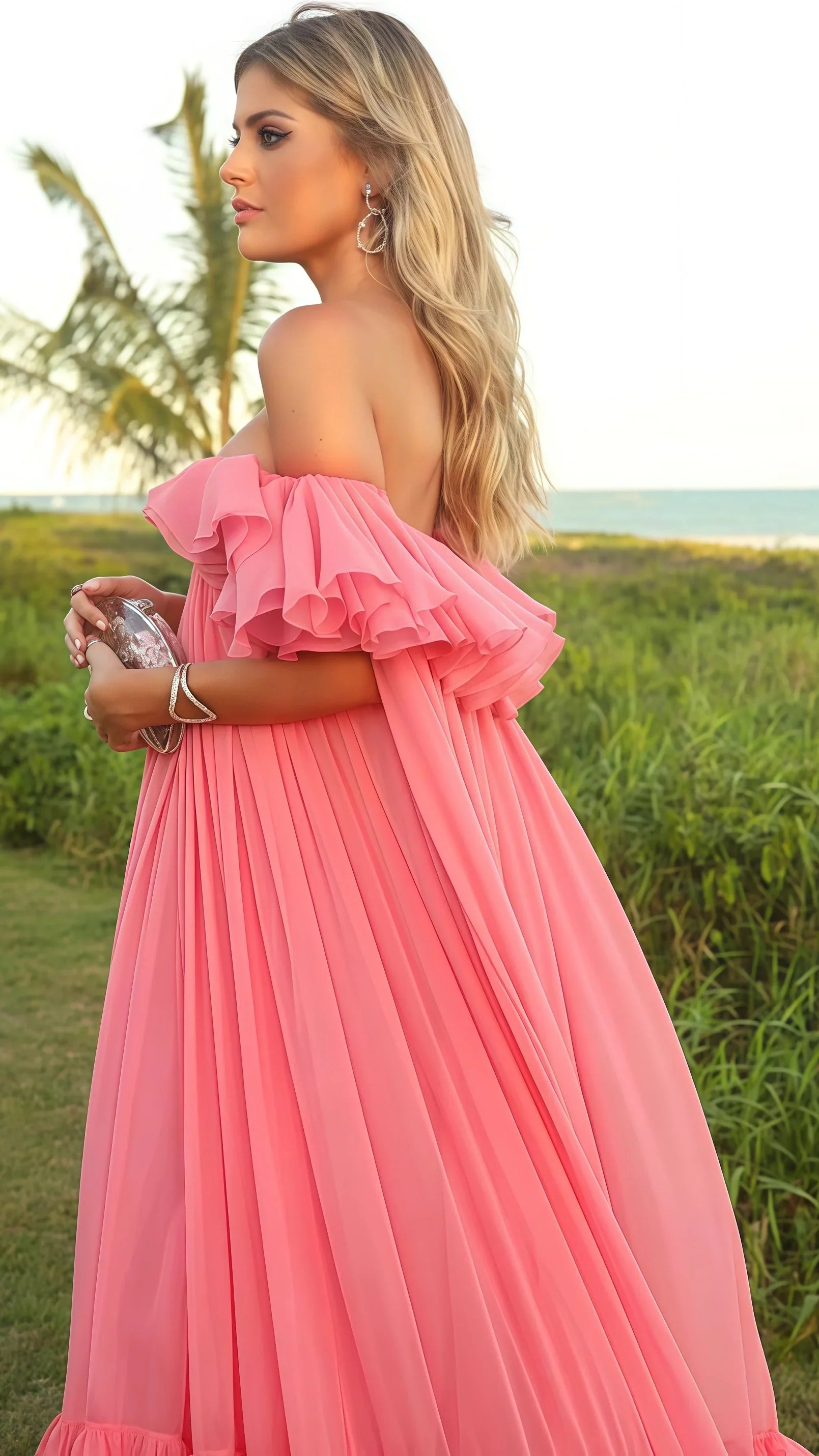 Off The Shoulder Pink Chiffon Party Dress, Puffy Senior Prom Dress, HZ0307