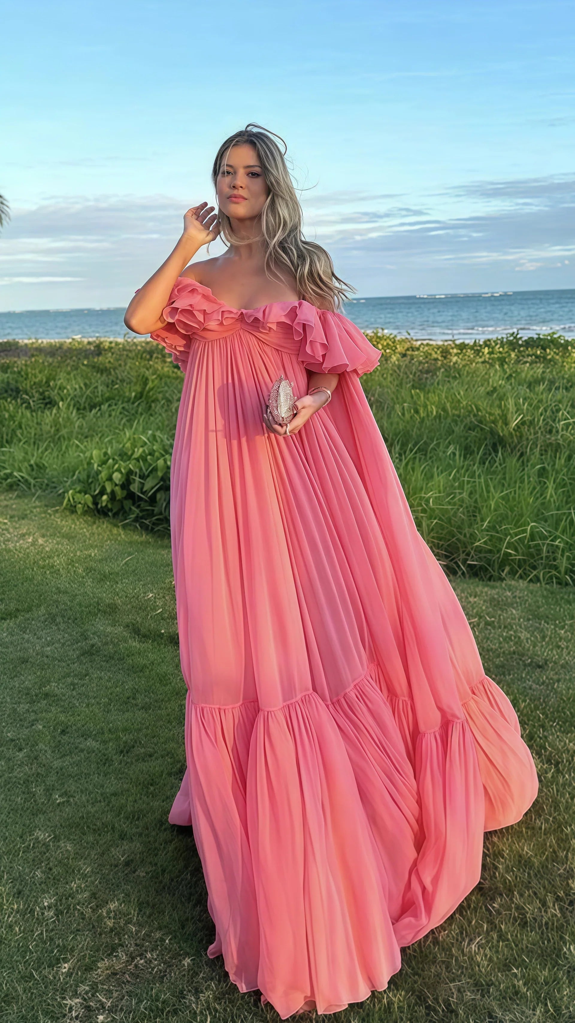 Off The Shoulder Pink Chiffon Party Dress, Puffy Senior Prom Dress, HZ0307