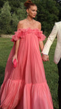 Off The Shoulder Pink Chiffon Party Dress, Puffy Senior Prom Dress, HZ0307