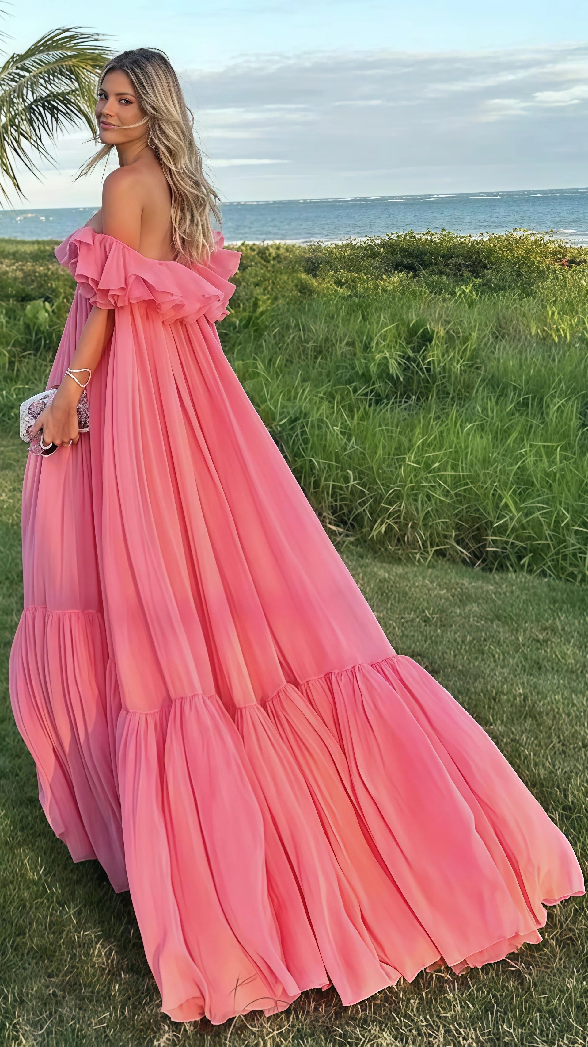 Off The Shoulder Pink Chiffon Party Dress, Puffy Senior Prom Dress, HZ0307