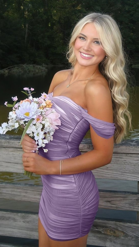 Off The Shoulder Pleated Bodycon Homecoming Dresses Custom Made Prom Dress, HZ0307