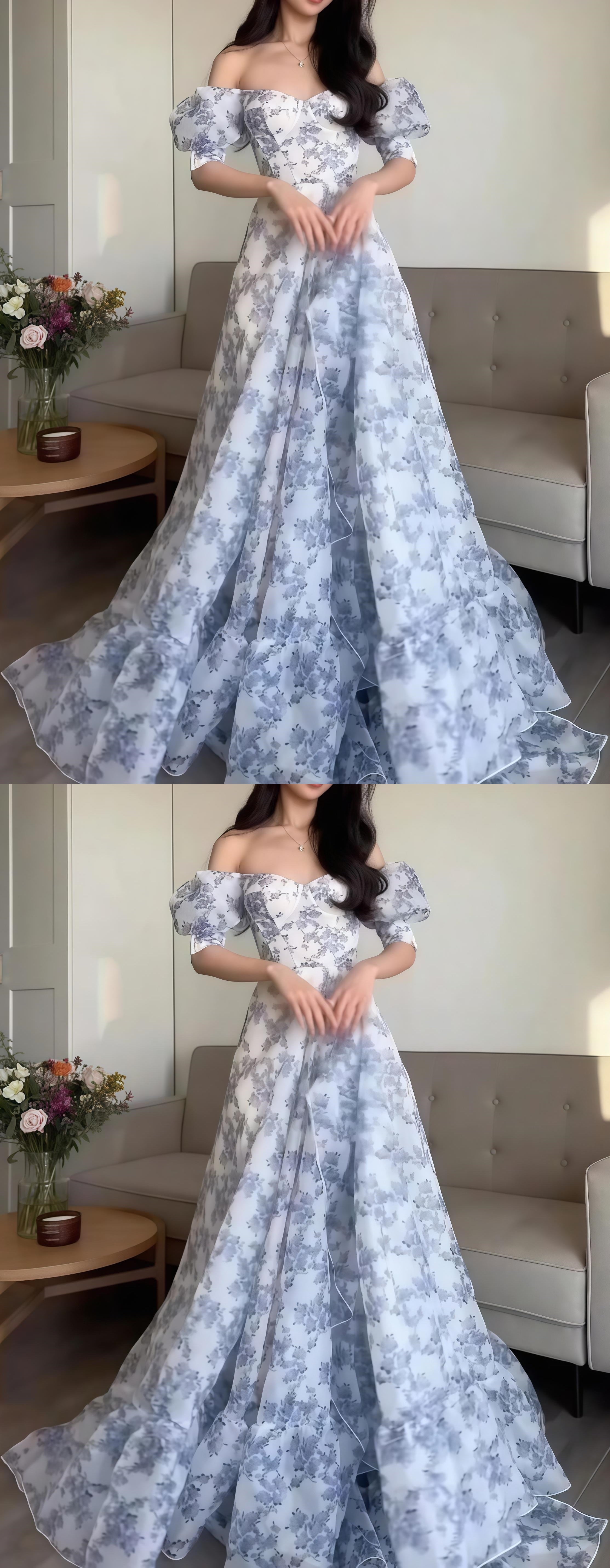 Off The Shoulder Sweetheart Floral A-Line Senior Prom HZ0307