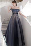 Off the Shoulder Beaded Blue Long Formal HZ0307