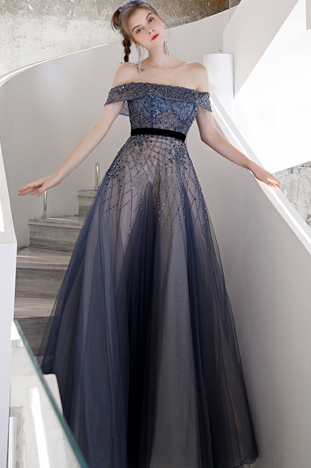 Off the Shoulder Beaded Blue Long Formal HZ0307