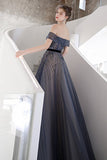 Off the Shoulder Beaded Blue Long Formal HZ0307