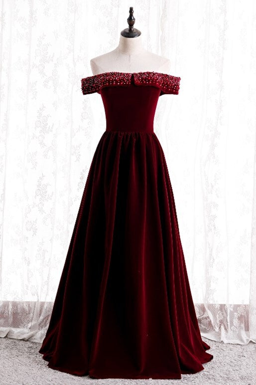Off the Shoulder Burgundy Velvet Long Formal HZ0307