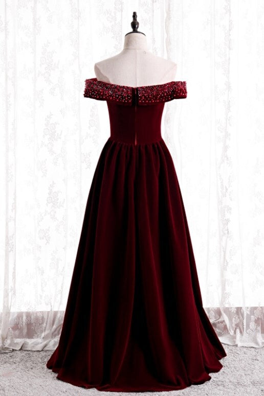 Off the Shoulder Burgundy Velvet Long Formal HZ0307
