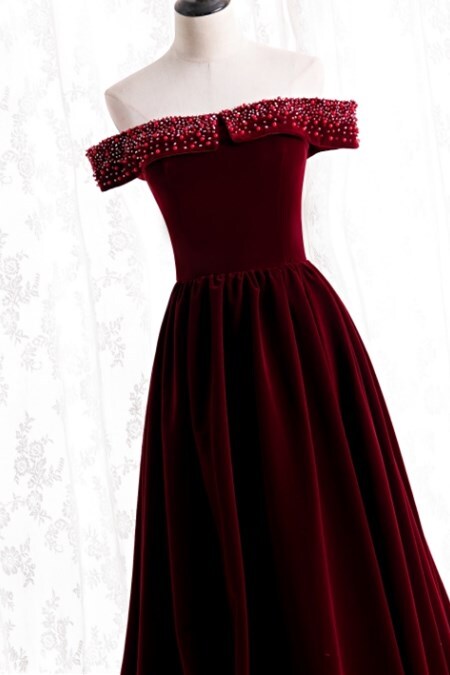 Off the Shoulder Burgundy Velvet Long Formal HZ0307