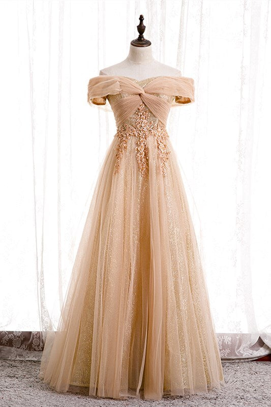Off the Shoulder Champagne Long Formal HZ0307
