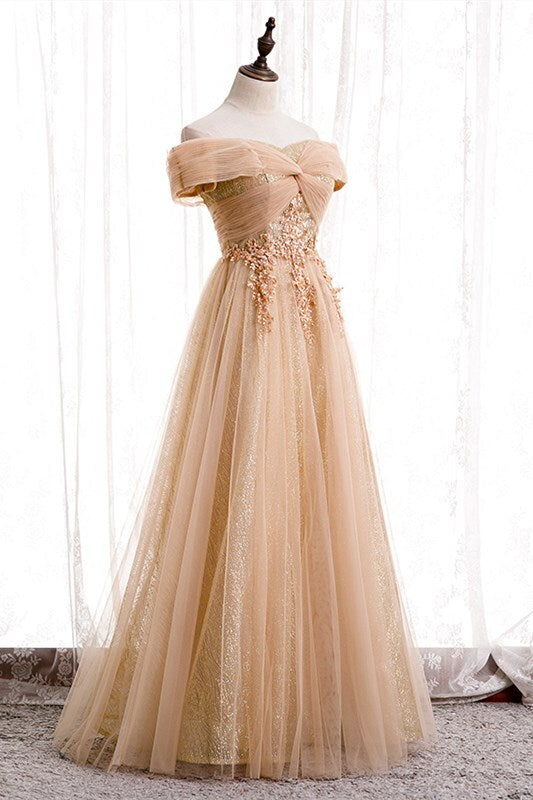 Off the Shoulder Champagne Long Formal HZ0307