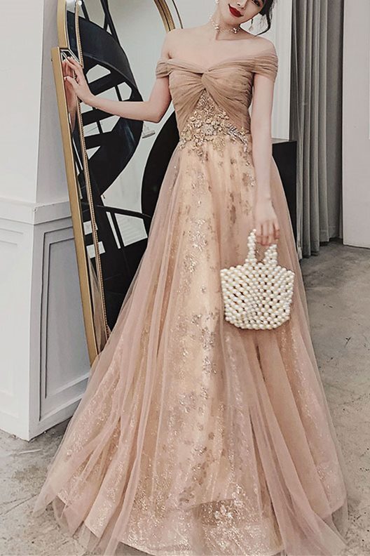Off the Shoulder Champagne Long Formal HZ0307