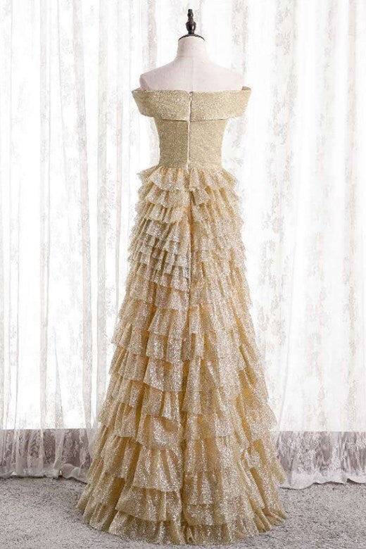 Off the Shoulder Champagne Tiered Long Formal HZ0307