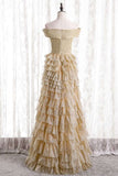 Off the Shoulder Champagne Tiered Long Formal HZ0307