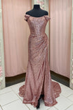 Off the Shoulder Fuchsia Sequin Mermaid Long Dress with HZ0307
