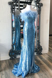 Strapless Fur Light Blue Sequin Mermaid Formal HZ0307