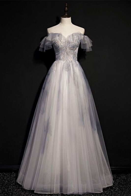 Off the Shoulder Grey Long Formal HZ0307